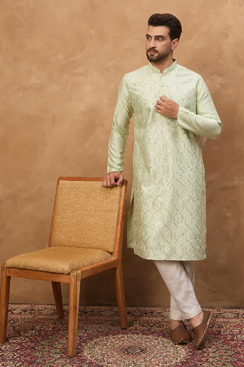 Peach Silk Blend Solid Embroidered Straight Kurta With Pant Set | SHOBITAM