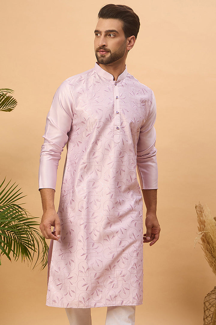 Lavender Silk Blend Solid Embroidered Straight Kurta | SHOBITAM
