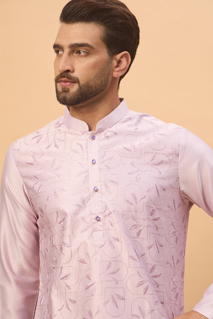 Lavender Silk Blend Solid Embroidered Straight Kurta With Pant Set | SHOBITAM