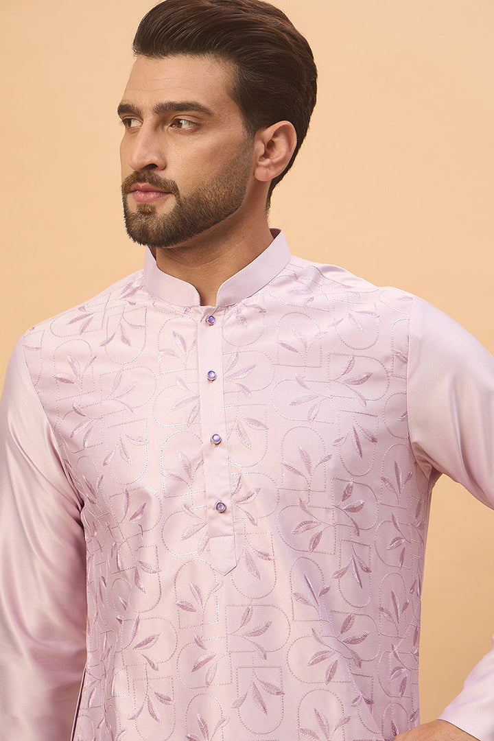 Lavender Silk Blend Solid Embroidered Straight Kurta | SHOBITAM
