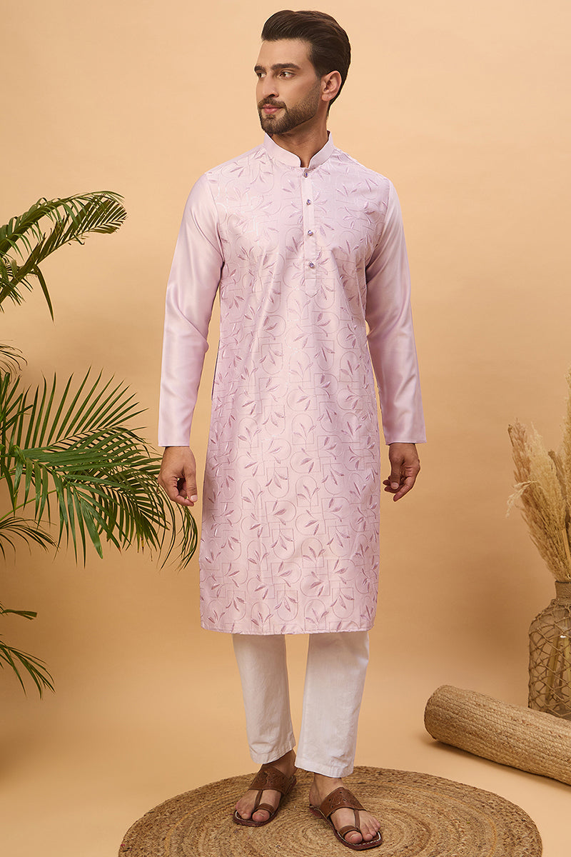 Lavender Silk Blend Solid Embroidered Straight Kurta | SHOBITAM