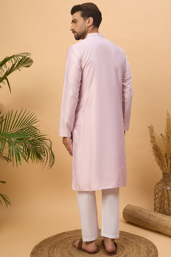 Lavender Silk Blend Solid Embroidered Straight Kurta With Pant Set | SHOBITAM