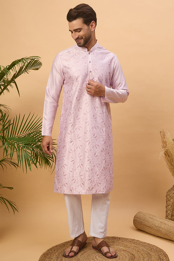 Lavender Silk Blend Solid Embroidered Straight Kurta | SHOBITAM