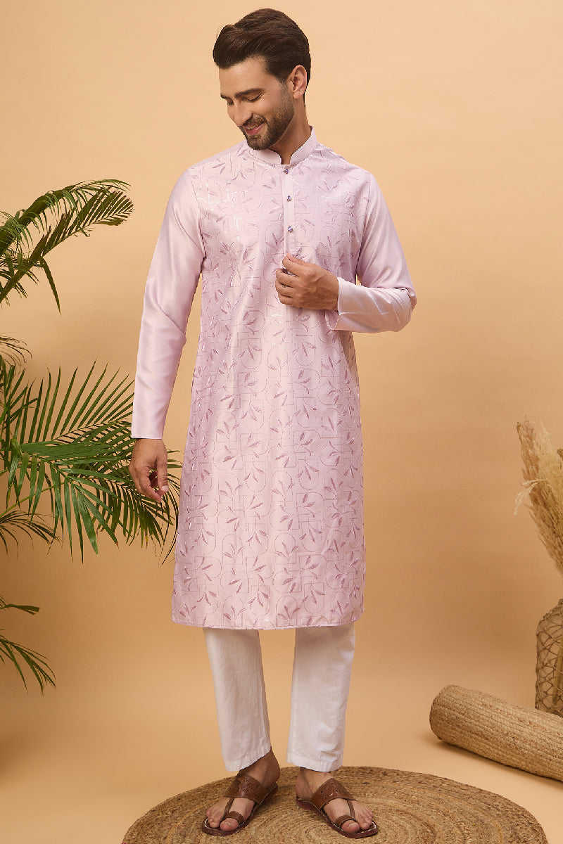 Lavender Silk Blend Solid Embroidered Straight Kurta With Pant Set | SHOBITAM