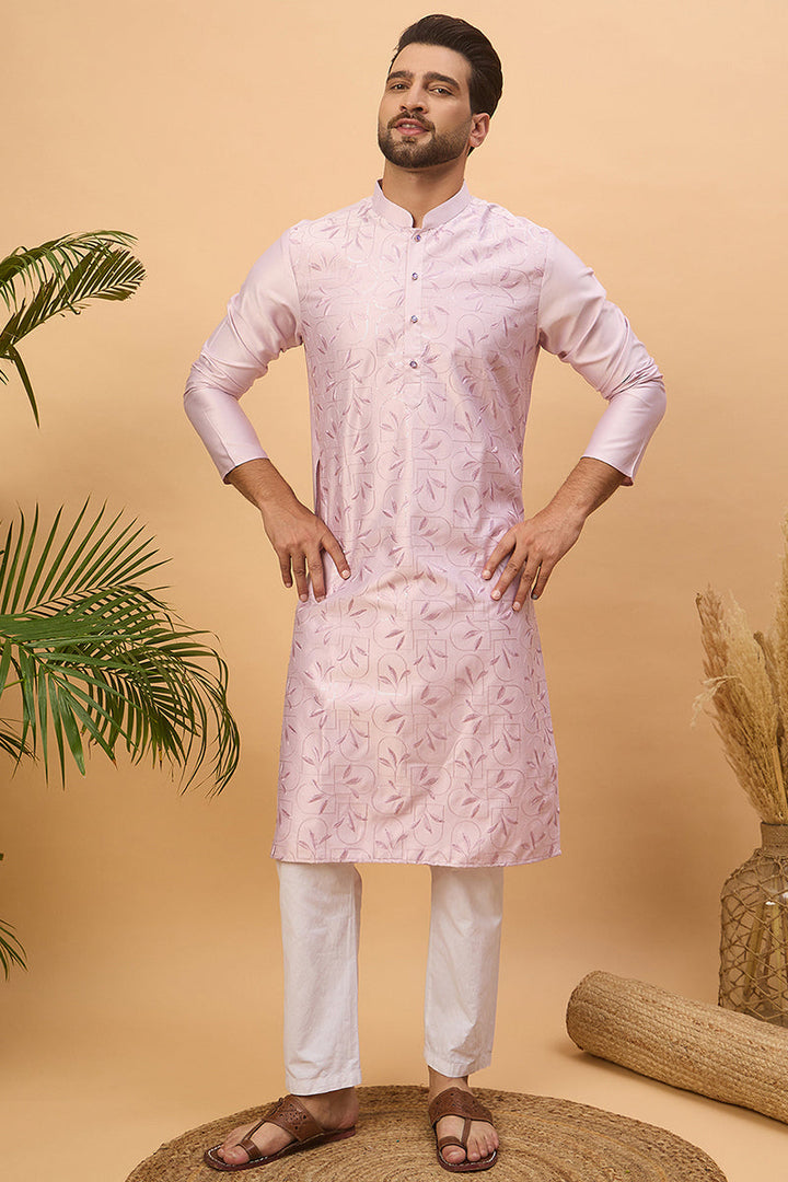 Lavender Silk Blend Solid Embroidered Straight Kurta | SHOBITAM