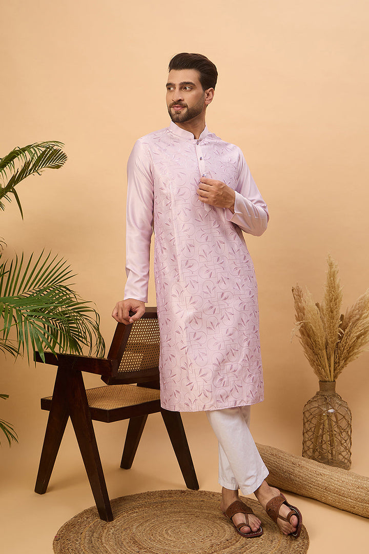 Lavender Silk Blend Solid Embroidered Straight Kurta | SHOBITAM