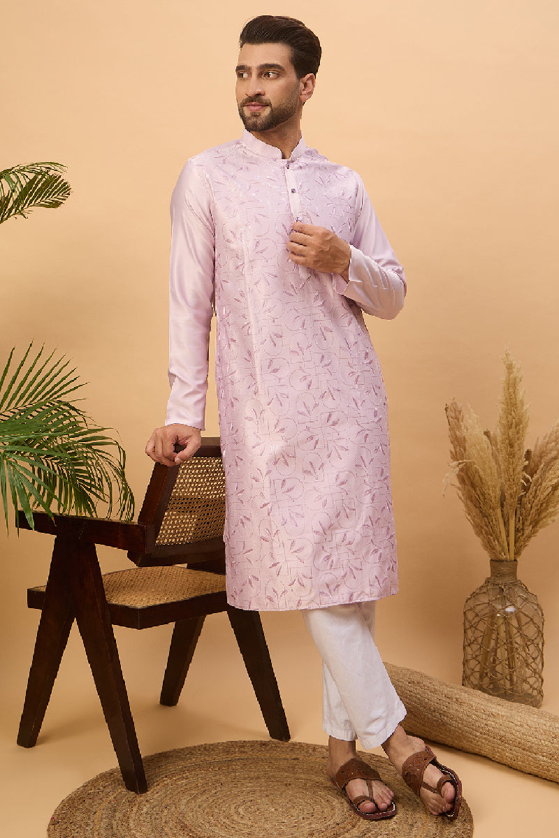 Lavender Silk Blend Solid Embroidered Straight Kurta With Pant Set | SHOBITAM