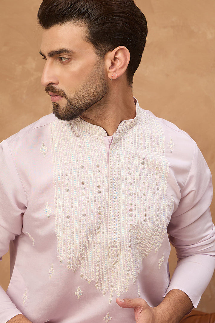 Lavender Silk Blend Solid Embroidered Straight Kurta | SHOBITAM