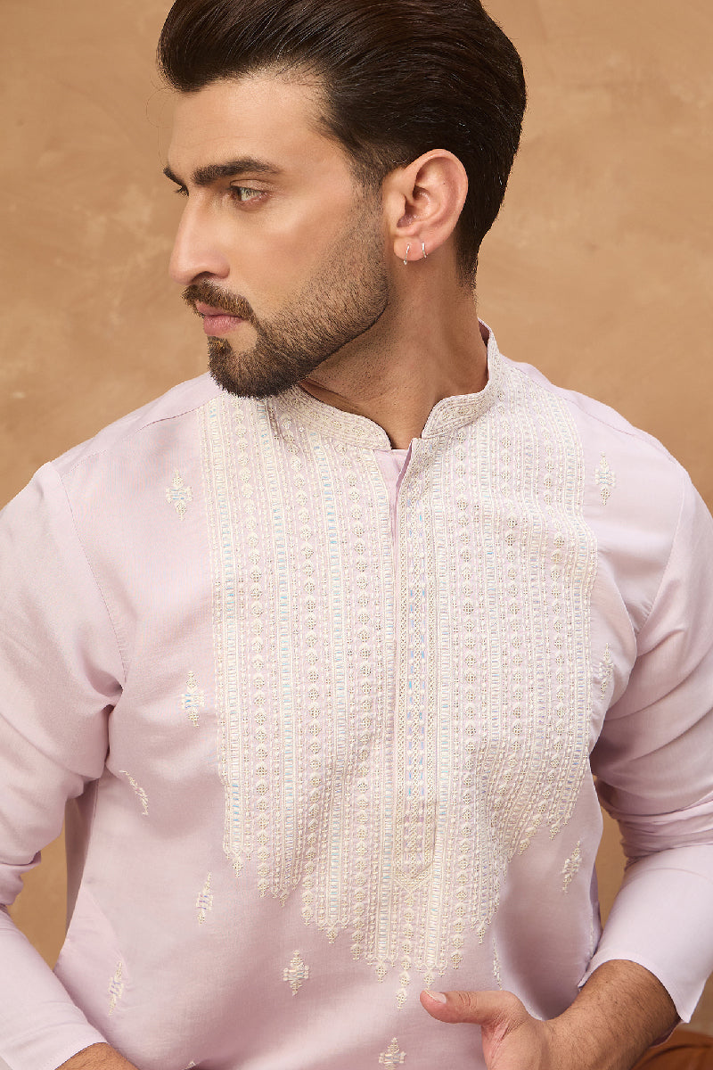 Lavender Silk Blend Solid Embroidered Straight Kurta With Pant Set | SHOBITAM