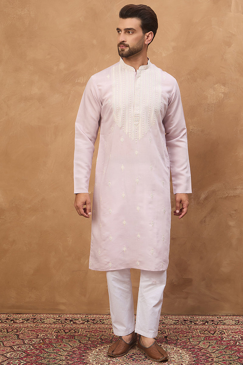 Lavender Silk Blend Solid Embroidered Straight Kurta | SHOBITAM