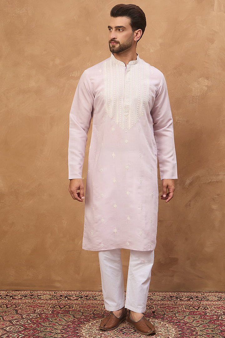 Lavender Silk Blend Solid Embroidered Straight Kurta | SHOBITAM