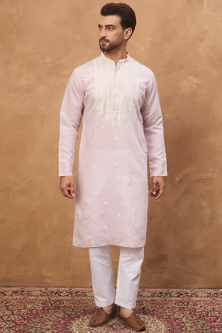 Lavender Silk Blend Solid Embroidered Straight Kurta With Pant Set | SHOBITAM