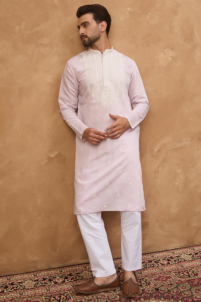 Lavender Silk Blend Solid Embroidered Straight Kurta | SHOBITAM