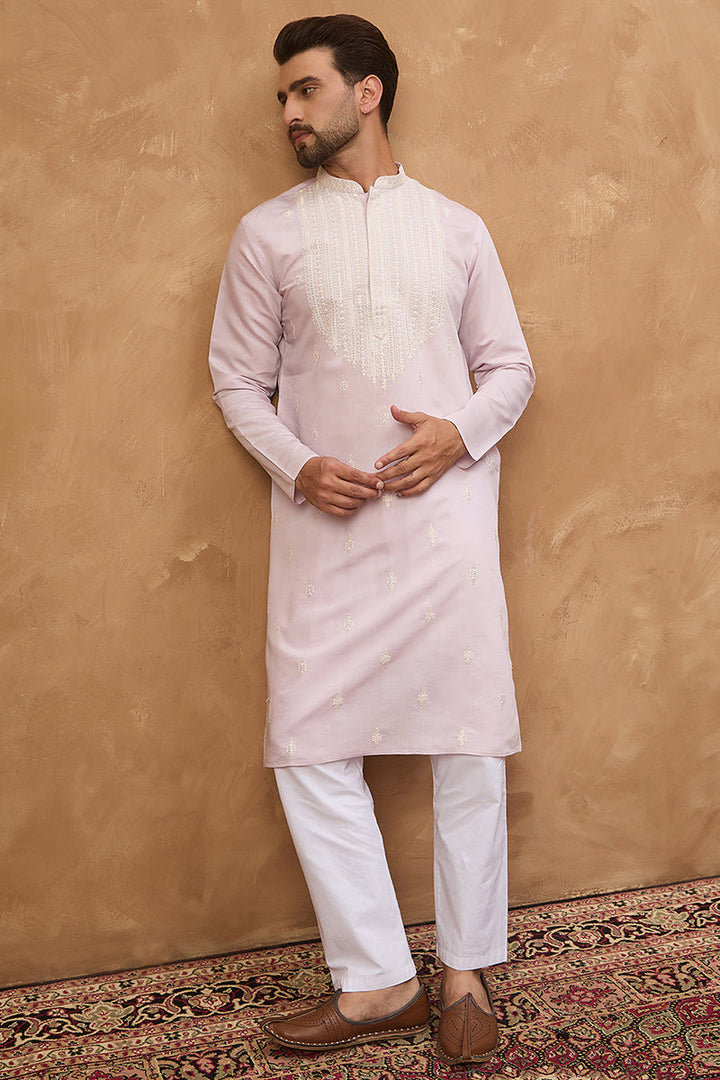 Lavender Silk Blend Solid Embroidered Straight Kurta | SHOBITAM