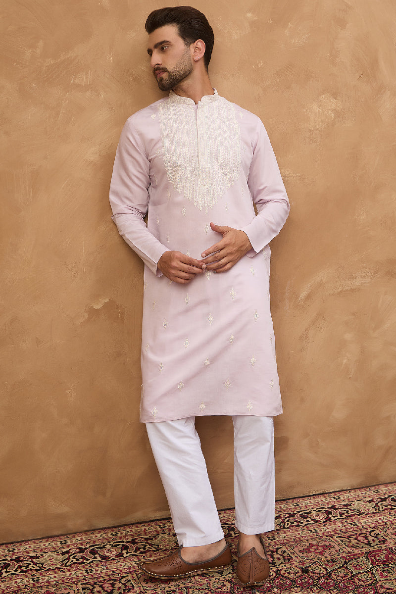 Lavender Silk Blend Solid Embroidered Straight Kurta With Pant Set | SHOBITAM