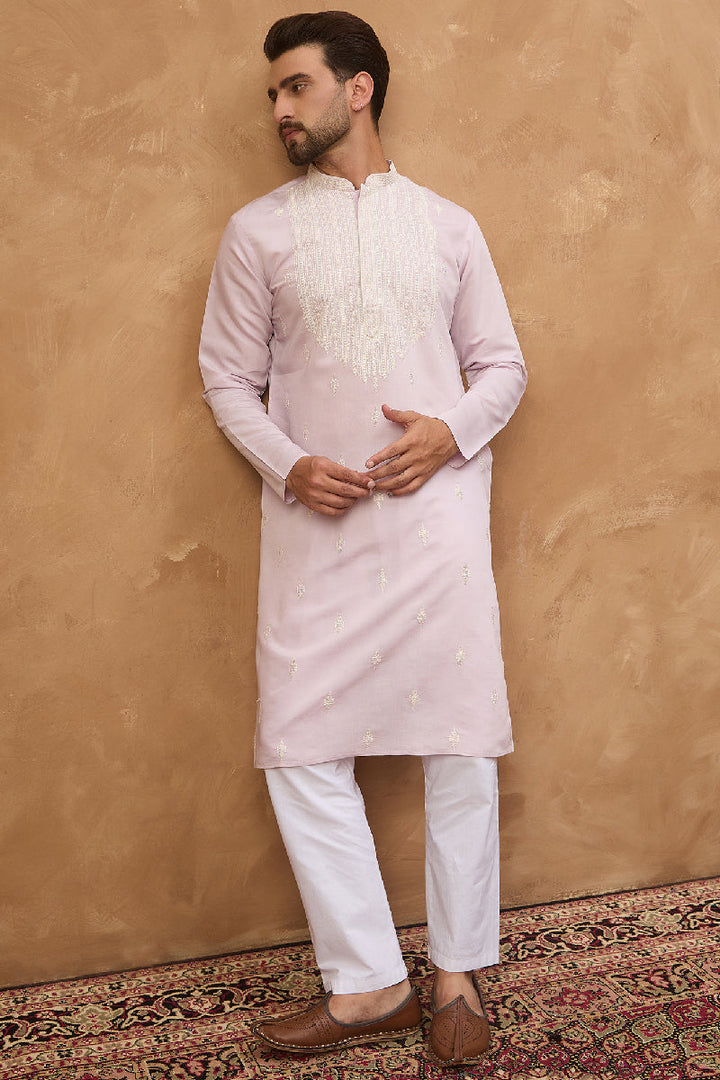 Lavender Silk Blend Solid Embroidered Straight Kurta With Pant Set | SHOBITAM