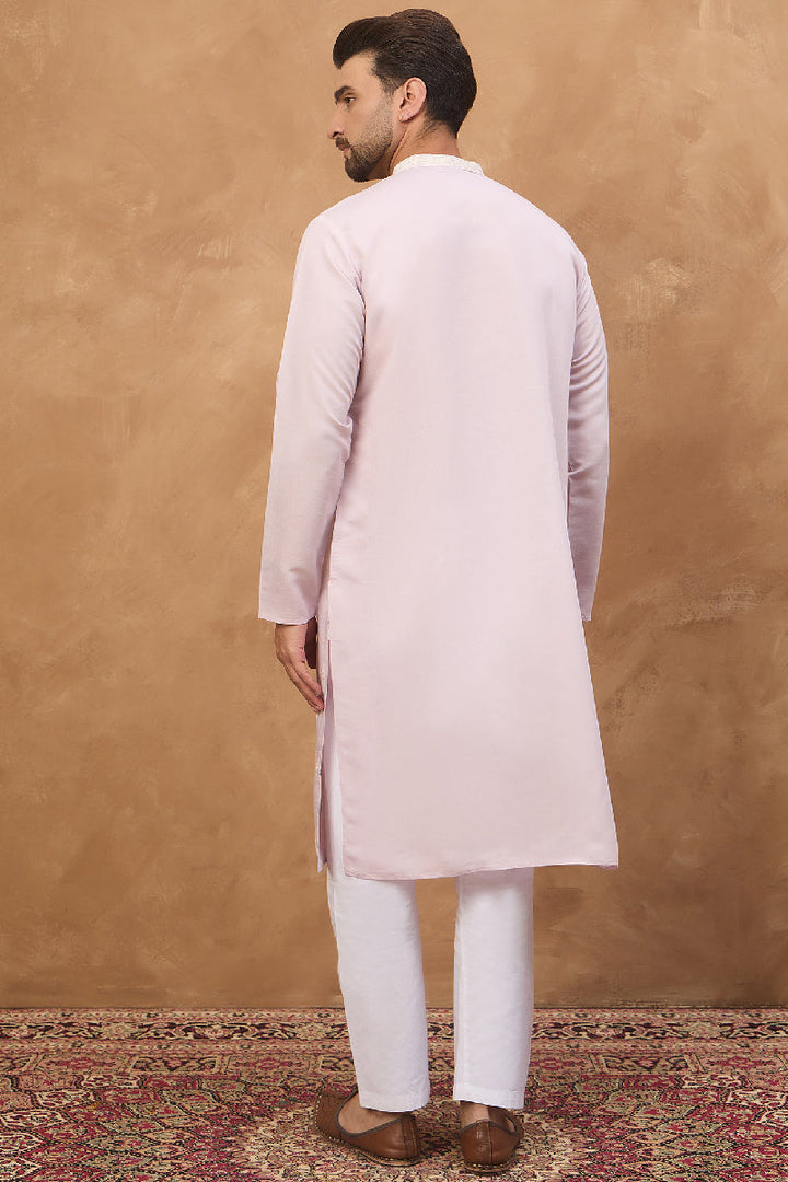Lavender Silk Blend Solid Embroidered Straight Kurta With Pant Set | SHOBITAM