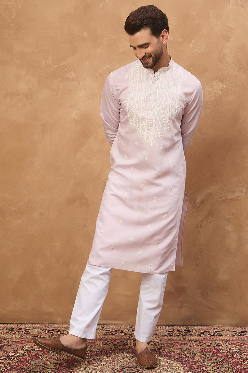 Lavender Silk Blend Solid Embroidered Straight Kurta | SHOBITAM