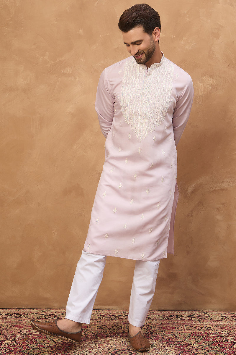 Lavender Silk Blend Solid Embroidered Straight Kurta With Pant Set | SHOBITAM