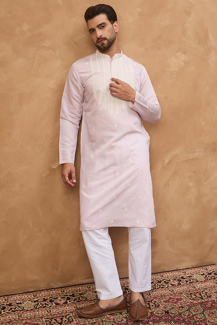 Lavender Silk Blend Solid Embroidered Straight Kurta | SHOBITAM