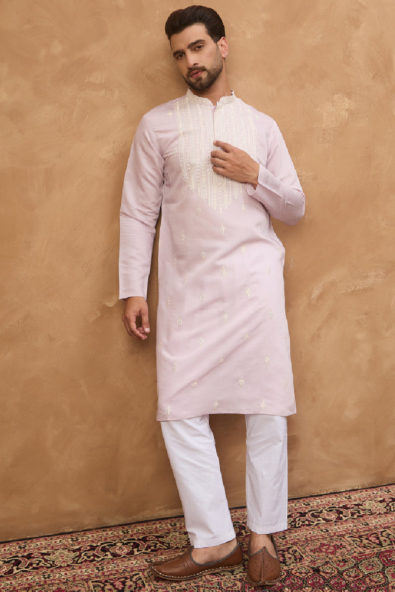 Lavender Silk Blend Solid Embroidered Straight Kurta With Pant Set | SHOBITAM