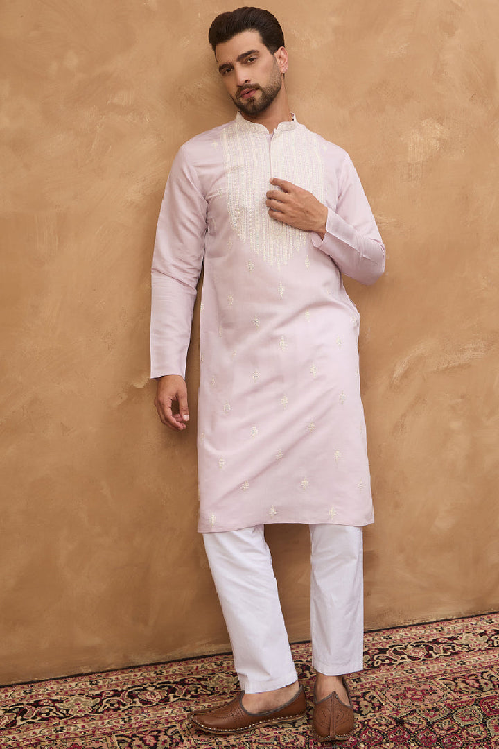 Lavender Silk Blend Solid Embroidered Straight Kurta With Pant Set | SHOBITAM