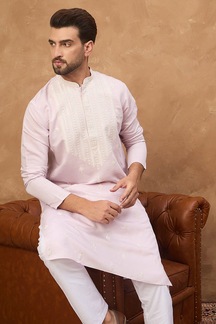 Lavender Silk Blend Solid Embroidered Straight Kurta | SHOBITAM