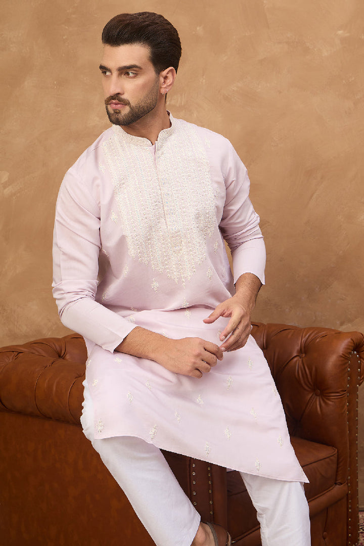 Lavender Silk Blend Solid Embroidered Straight Kurta With Pant Set | SHOBITAM