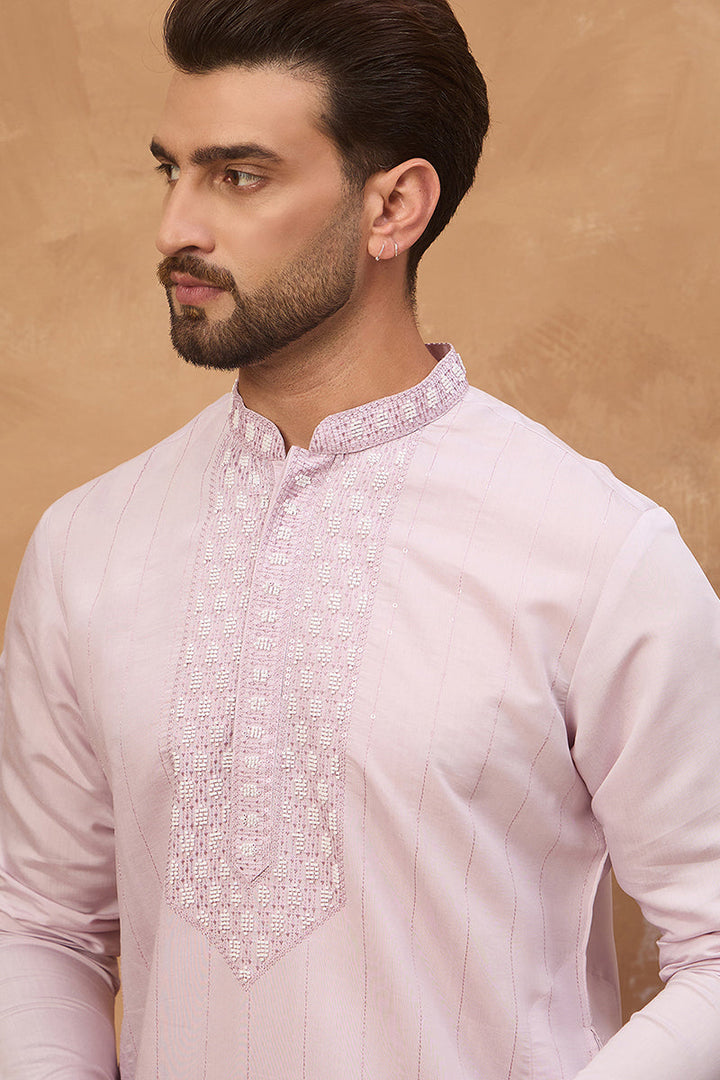 Lavender Silk Blend Solid Embroidered Straight Kurta | SHOBITAM