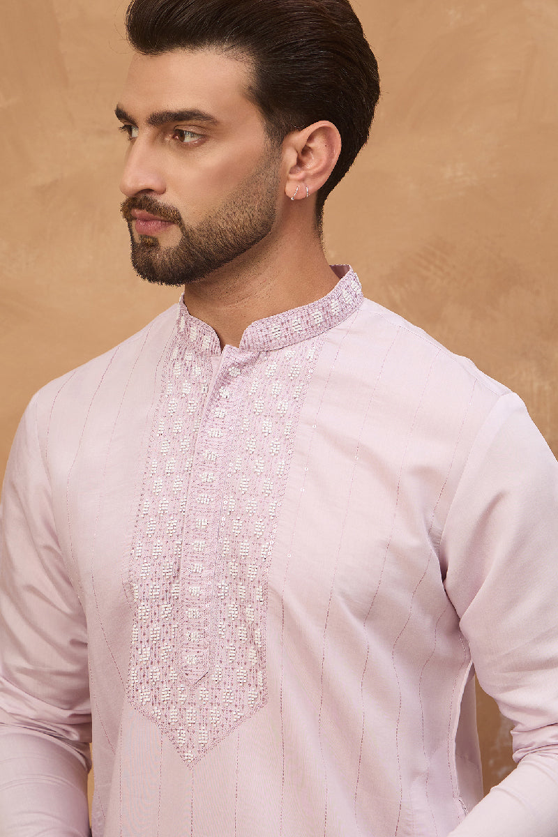 Lavender Silk Blend Solid Embroidered Straight Kurta With Pant Set | SHOBITAM