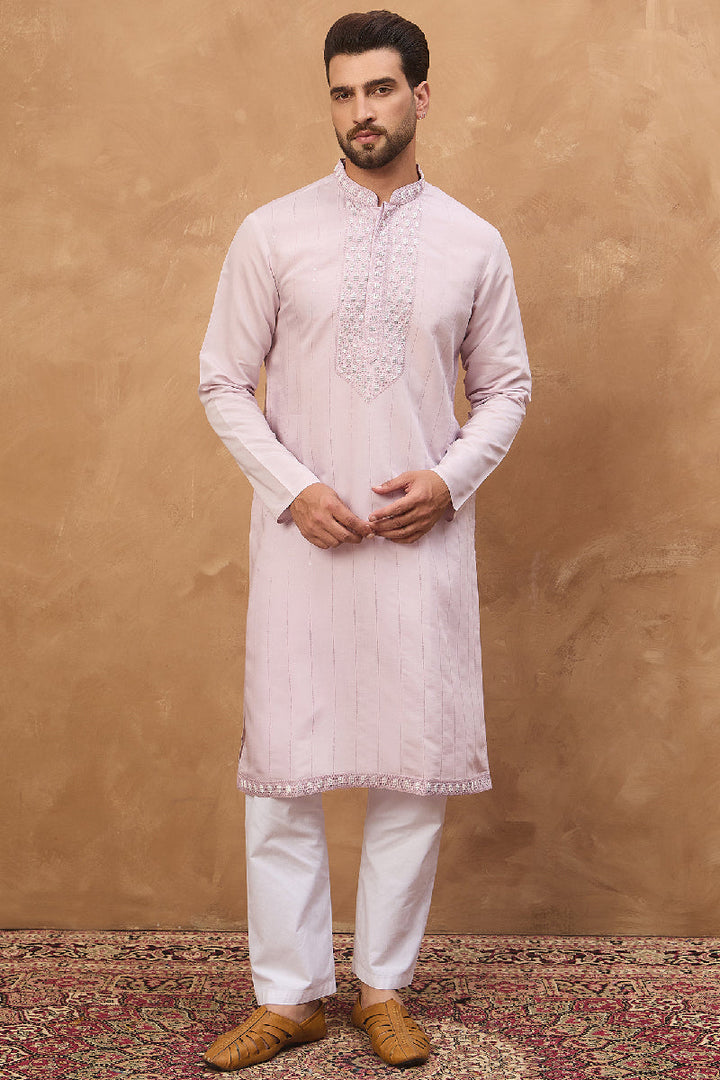 Lavender Silk Blend Solid Embroidered Straight Kurta With Pant Set | SHOBITAM