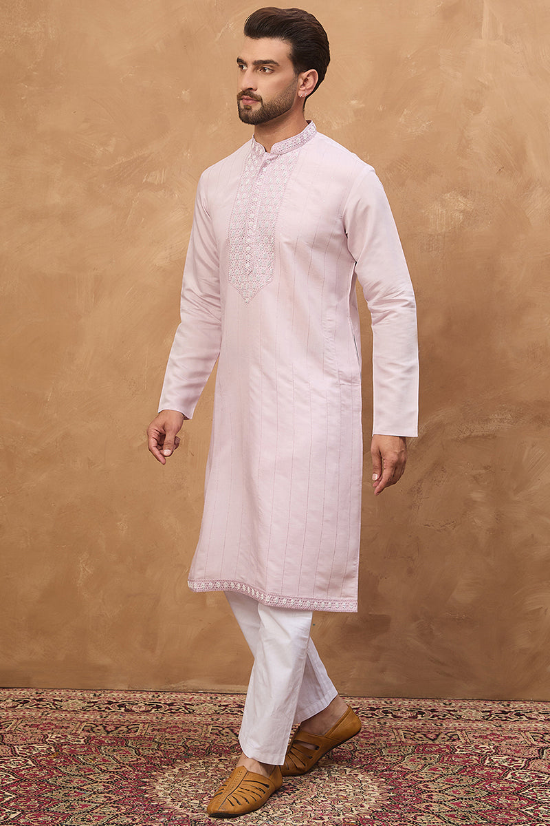Lavender Silk Blend Solid Embroidered Straight Kurta | SHOBITAM