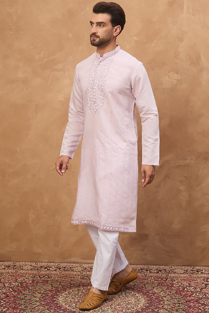 Lavender Silk Blend Solid Embroidered Straight Kurta With Pant Set | SHOBITAM