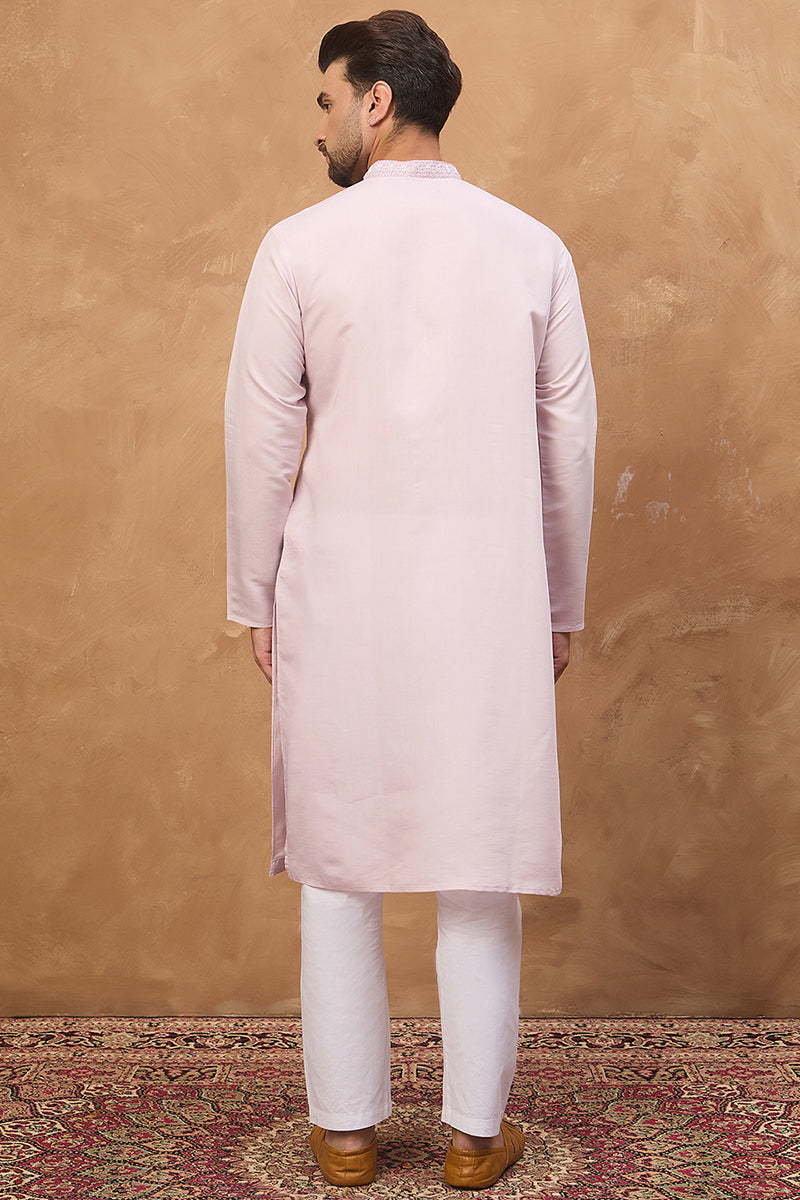 Lavender Silk Blend Solid Embroidered Straight Kurta | SHOBITAM