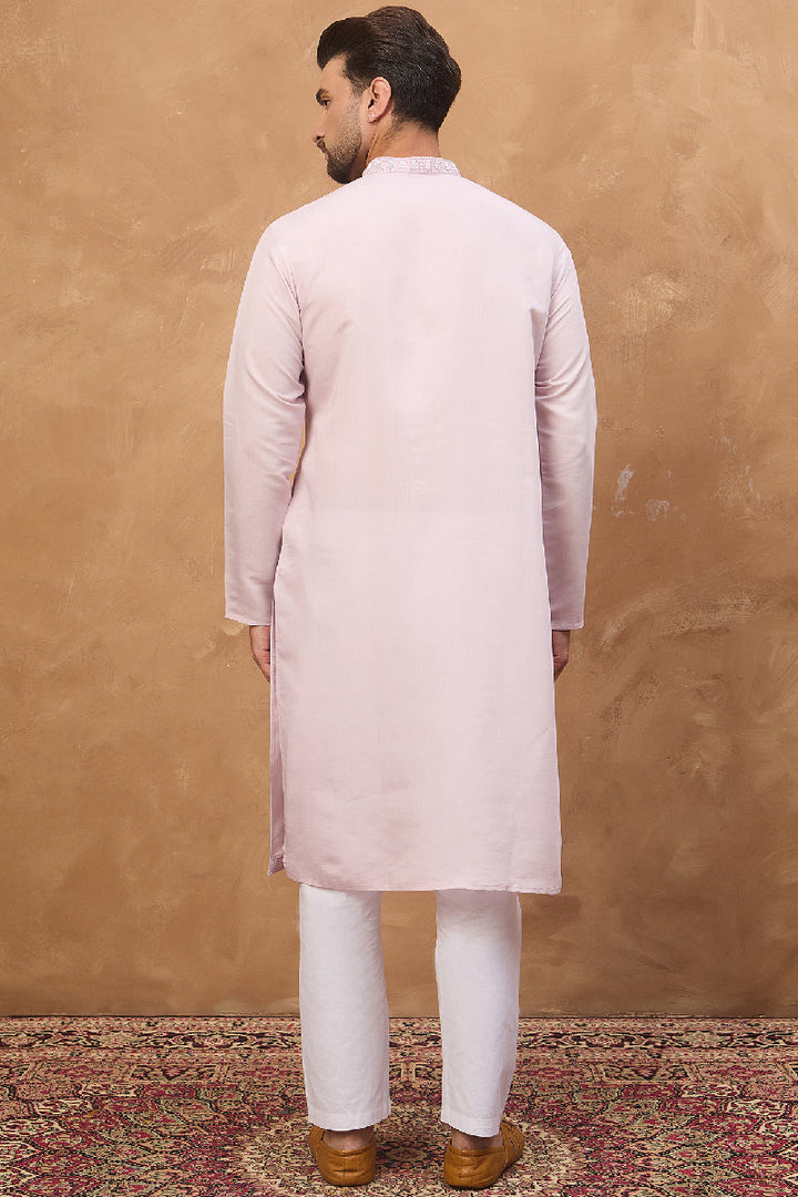 Lavender Silk Blend Solid Embroidered Straight Kurta With Pant Set | SHOBITAM