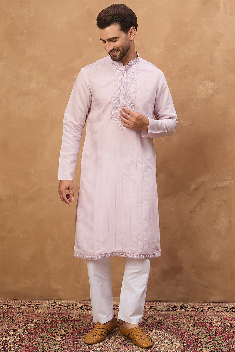 Lavender Silk Blend Solid Embroidered Straight Kurta | SHOBITAM