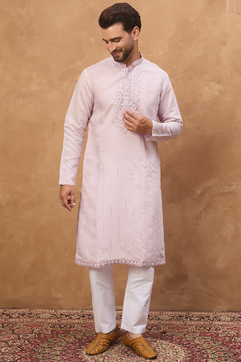 Lavender Silk Blend Solid Embroidered Straight Kurta With Pant Set | SHOBITAM