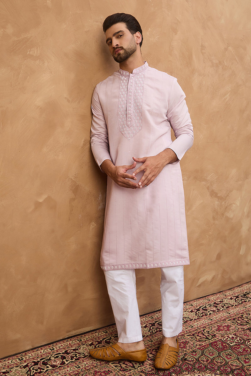 Lavender Silk Blend Solid Embroidered Straight Kurta | SHOBITAM