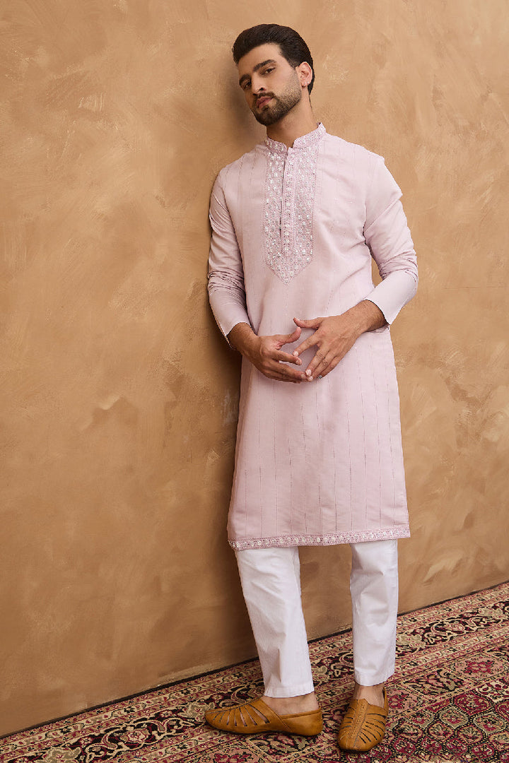 Lavender Silk Blend Solid Embroidered Straight Kurta With Pant Set | SHOBITAM