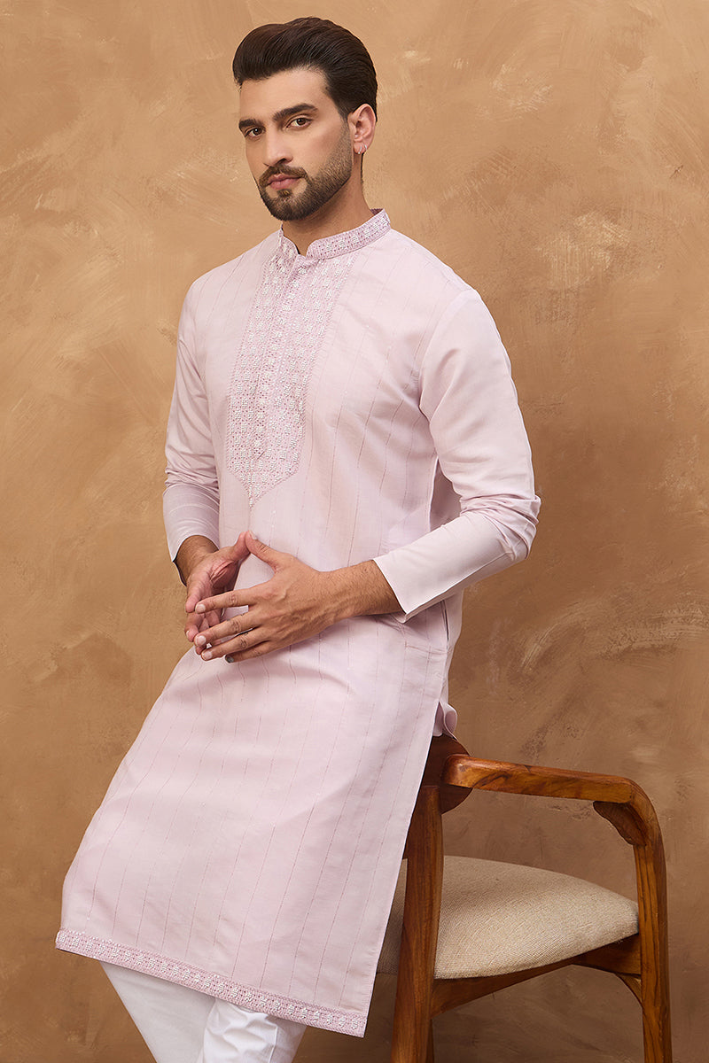Lavender Silk Blend Solid Embroidered Straight Kurta | SHOBITAM