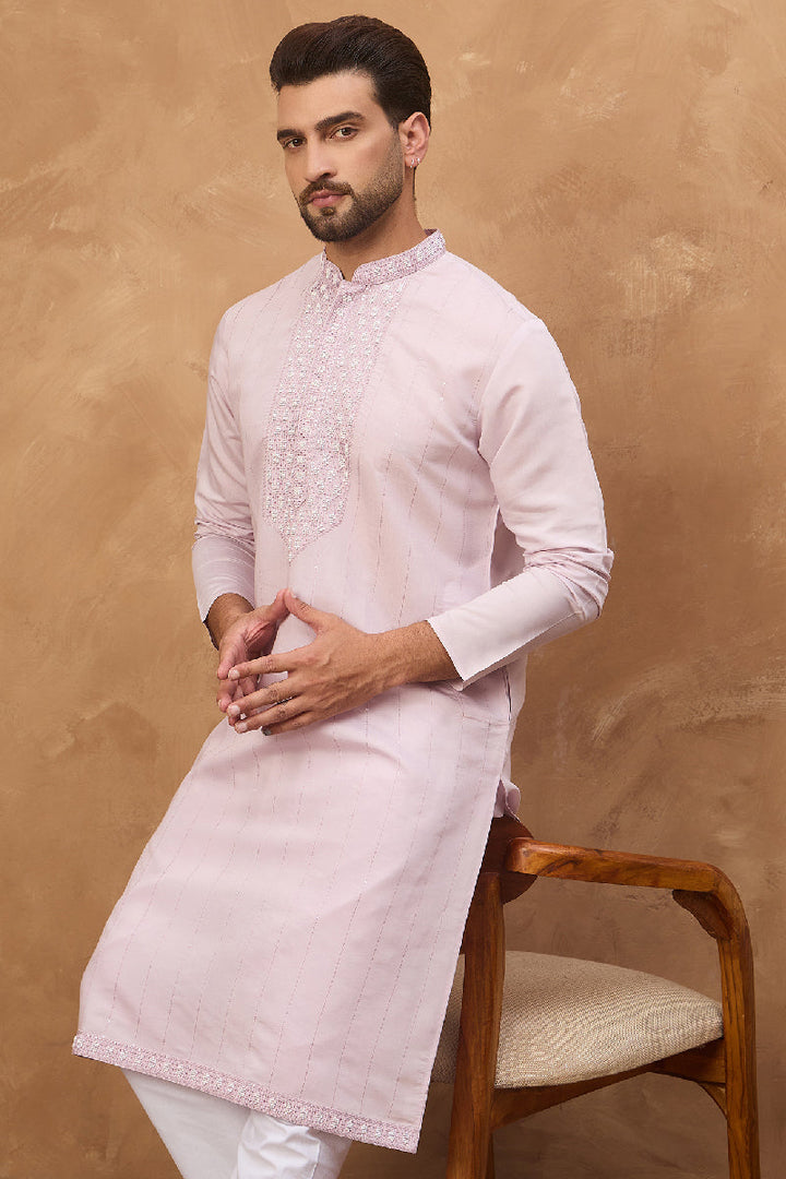 Lavender Silk Blend Solid Embroidered Straight Kurta With Pant Set | SHOBITAM