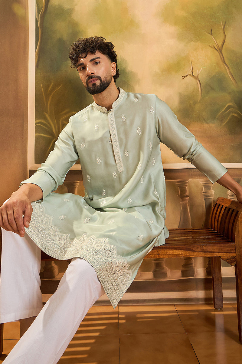 Green Silk Solid Embroidered Straight Kurta | SHOBITAM
