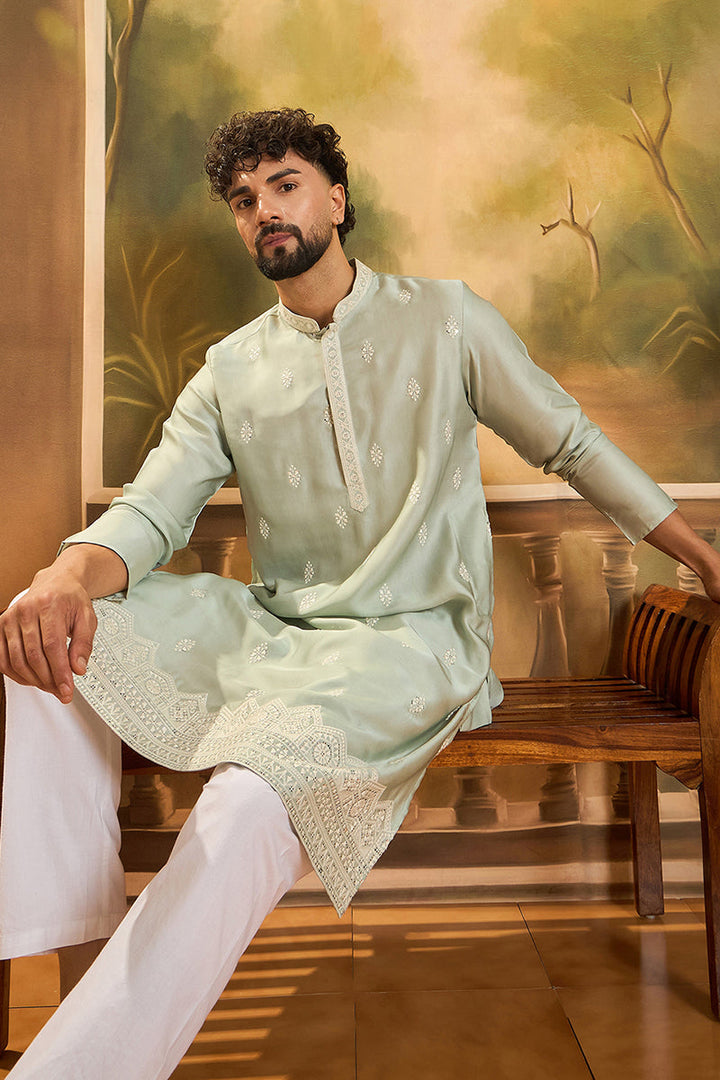 Green Silk Solid Embroidered Straight Kurta | SHOBITAM
