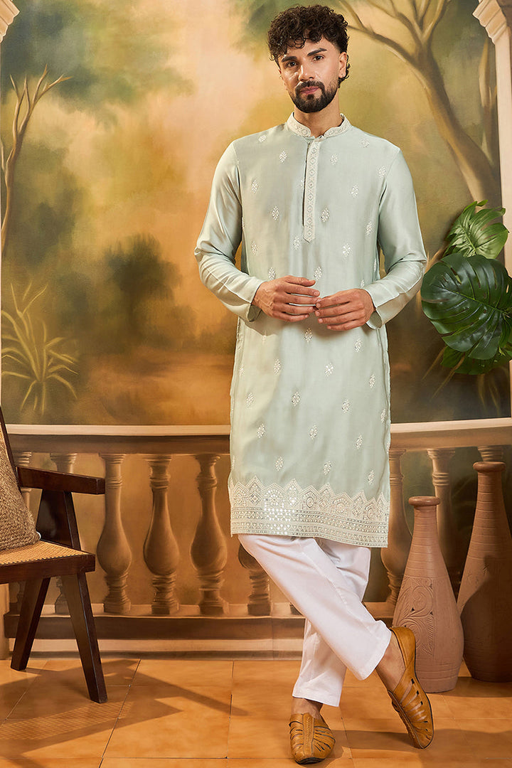 Green Silk Solid Embroidered Straight Kurta | SHOBITAM