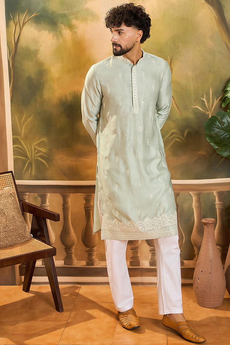 Green Silk Solid Embroidered Straight Kurta | SHOBITAM