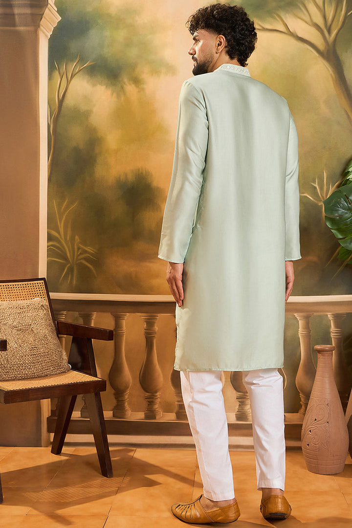 Green Silk Solid Embroidered Straight Kurta | SHOBITAM