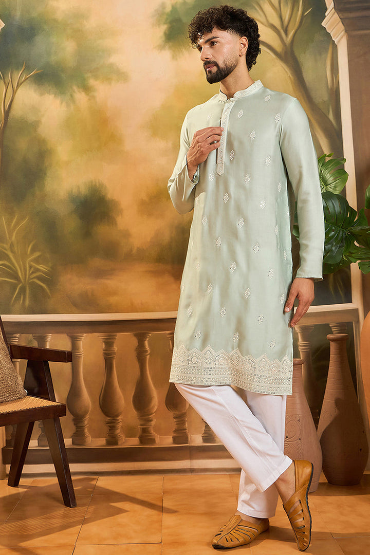 Green Silk Solid Embroidered Straight Kurta | SHOBITAM