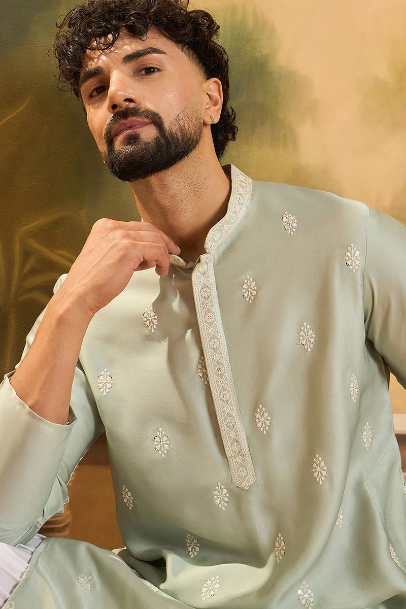 Green Silk Solid Embroidered Straight Kurta | SHOBITAM
