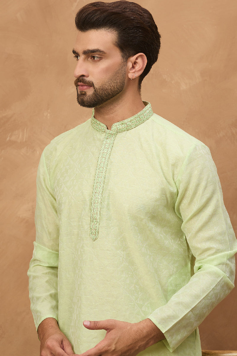 Green Silk Blend Solid Embroidered Straight Kurta With Pant Set | SHOBITAM
