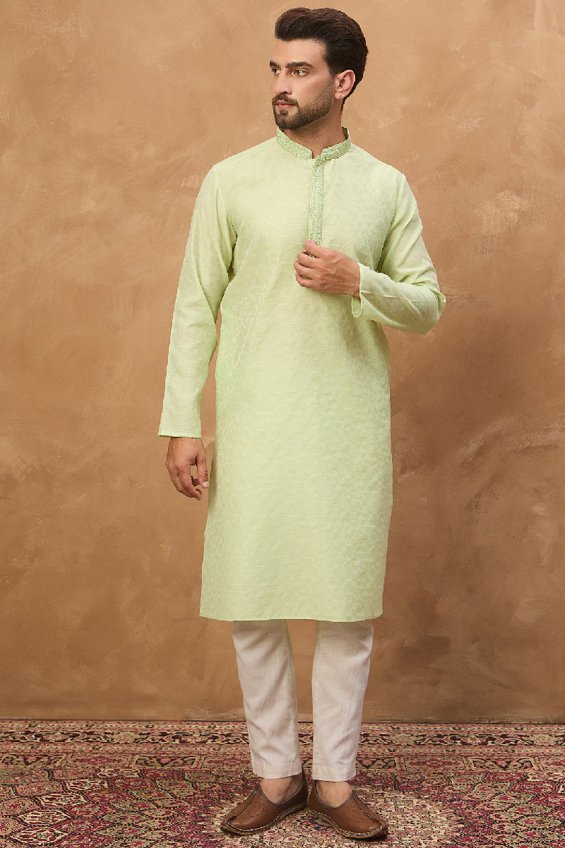 Green Silk Blend Solid Embroidered Straight Kurta With Pant Set | SHOBITAM